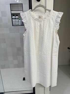 LOFT White Eyelet Ruffle Neck Sleeveless Dress